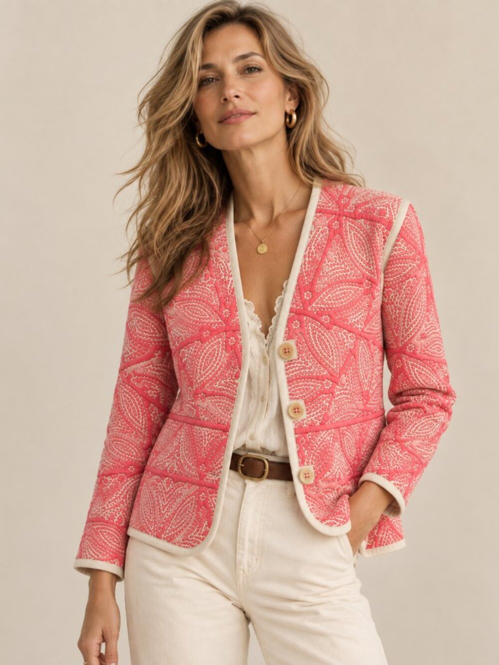 NIC+ZOE XL Coral Pink Textured Floral Jacquard Jacket Cotton Blend